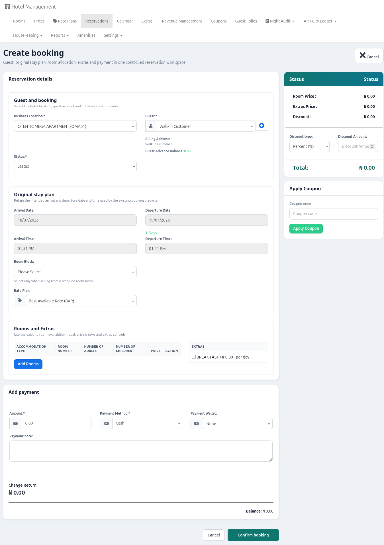 booking screen